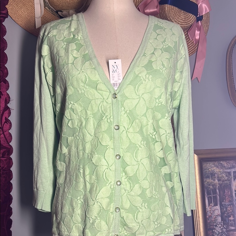 New York & Company Green Cardigan with Floral Embroidery